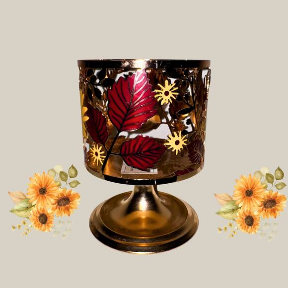 Fall Sunflower Candle Pedestal — Bronze Metal Holder with Red & Gold Leaves - Picture 4 of 6